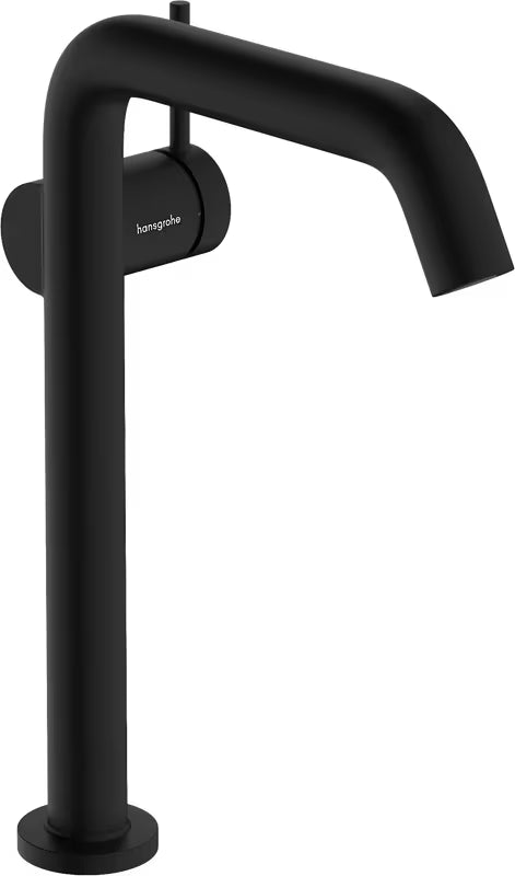 Vysoká umyvadlová baterie hansgrohe Tecturis S v matné černé s boční pákou a odtokem Push open.
