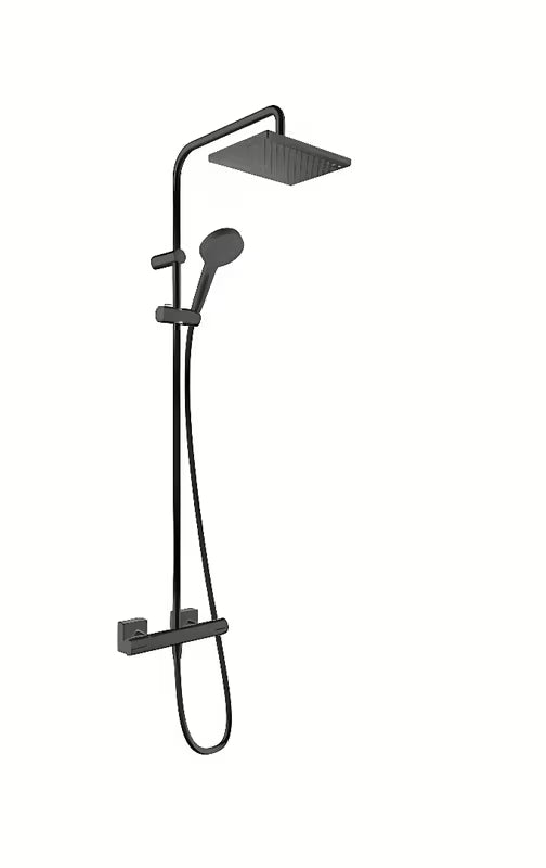Hansgrohe Vernis Shape sprchový systém s termostatickou baterií v matné černé s horní a ruční sprchou.