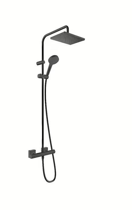 Hansgrohe Vernis Shape sprchový systém s termostatickou baterií v matné černé s horní a ruční sprchou.