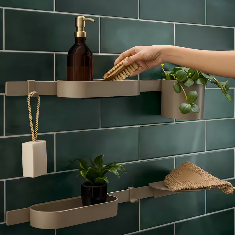 Béžová sprchová polička hansgrohe WallStoris Planet Edition pro uložení šamponu a sprchových potřeb