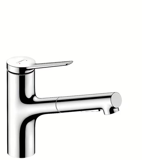 Chromová dřezová baterie Hansgrohe Zesis s vytahovací sprškou a přepínáním laminárního a sprchového proudu.