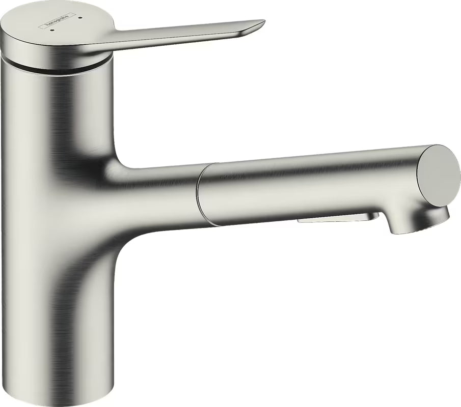 Dřezová baterie Hansgrohe Zesis M33 v nerezovém vzhledu s kovovou vytahovací sprškou a otočným výtokem