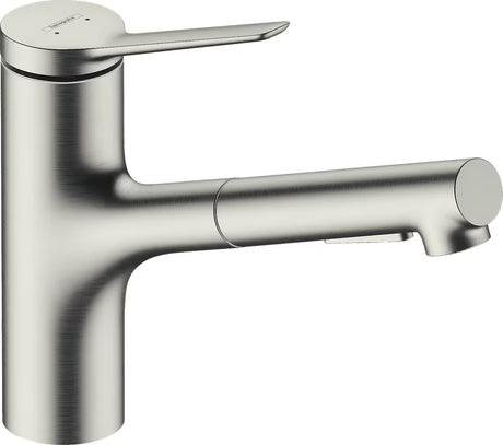 Dřezová baterie Hansgrohe Zesis M33 v nerezovém vzhledu s kovovou vytahovací sprškou a otočným výtokem