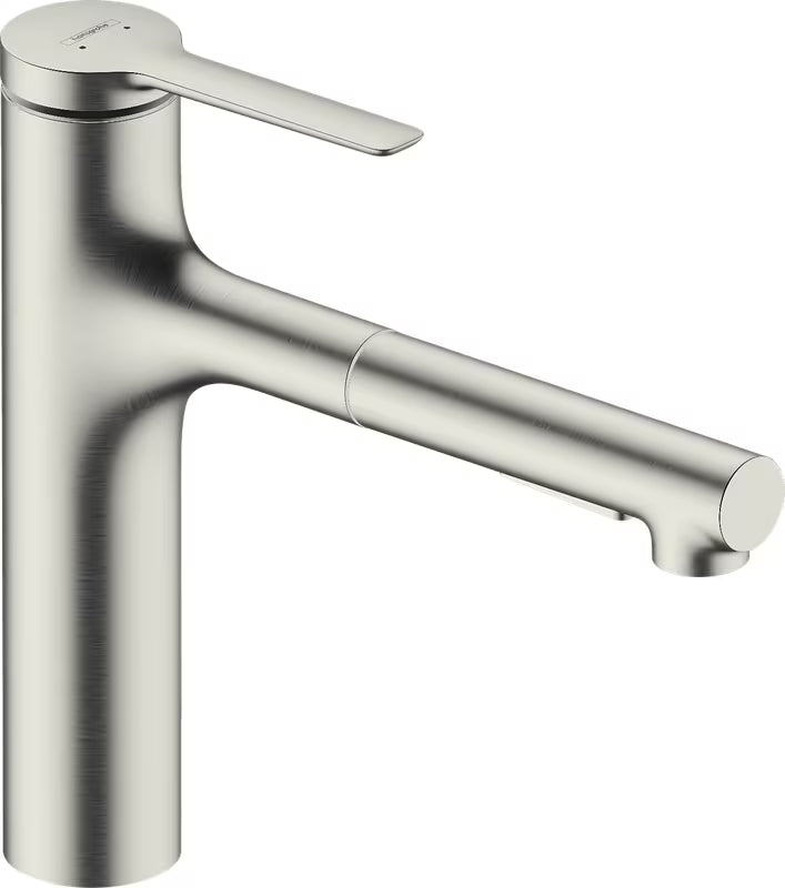 Hansgrohe Zesis M33 dřezová baterie v nerezovém vzhledu s kovovou vytahovací sprškou a přepínáním 2 proudů.