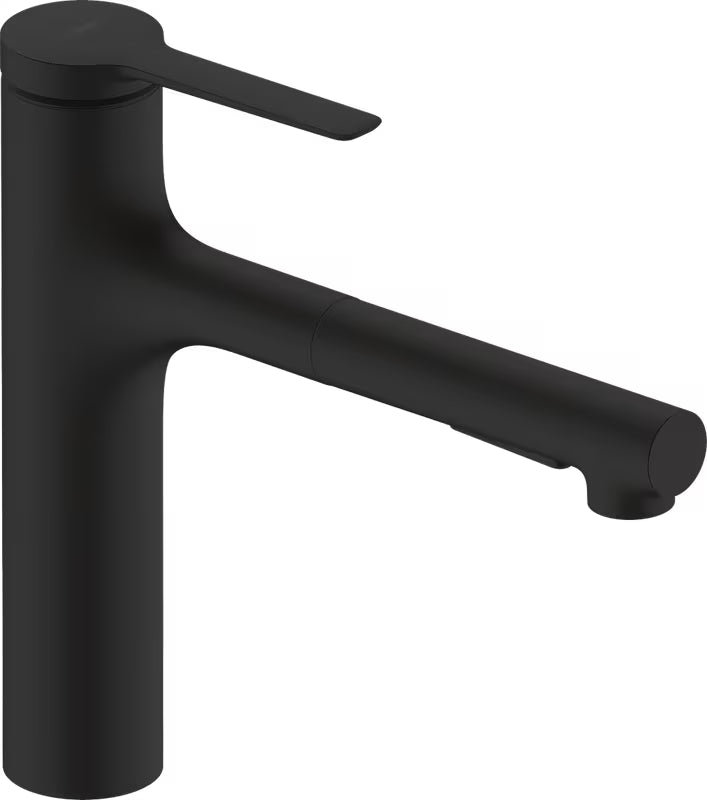 Hansgrohe Zesis M33 dřezová baterie v matné černé s vytahovací kovovou sprškou a sBoxem