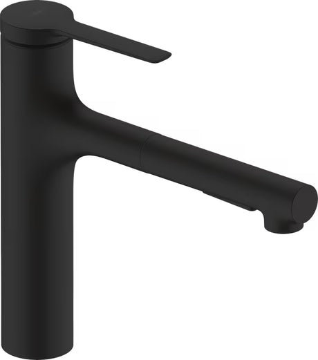 Hansgrohe Zesis M33 dřezová baterie v matné černé s vytahovací kovovou sprškou a sBoxem