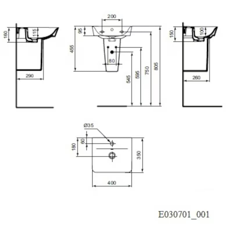 Bílé keramické umývátko Ideal Standard Connect Air 40x35 cm s hranatým minimalistickým designem