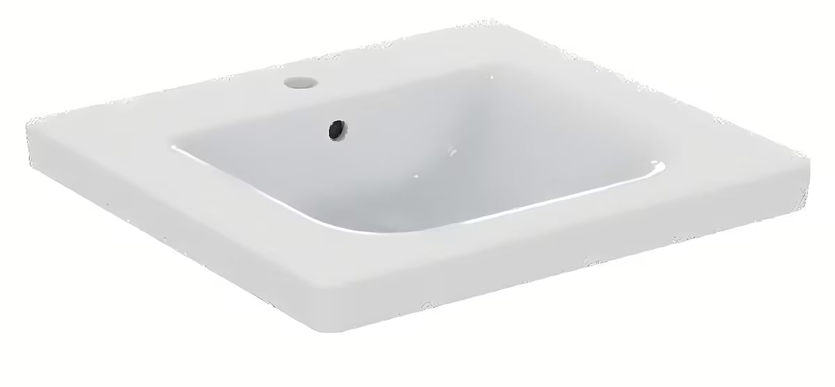 Závěsné keramické umyvadlo Ideal Standard Connect Freedom 60x55,5 cm v bílé barvě s otvorem pro baterii uprostřed.
