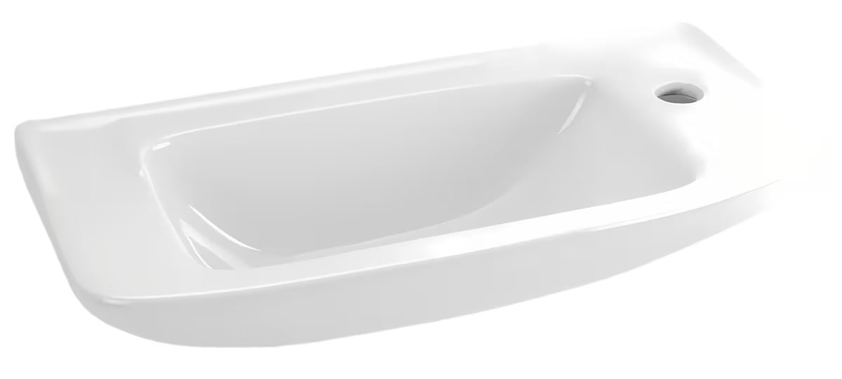 Bílé umývátko Ideal Standard Eurovit 50 x 23,5 cm s postranním otvorem pro baterii vpravo.