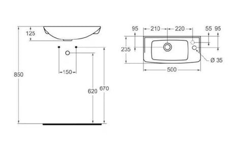 Bílé umývátko Ideal Standard Eurovit 50 x 23,5 cm s postranním otvorem pro baterii vpravo.