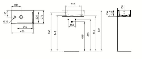 Ideal Standard Strada keramické umývátko 45 x 27 cm v bílé barvě s otvorem pro baterii vlevo