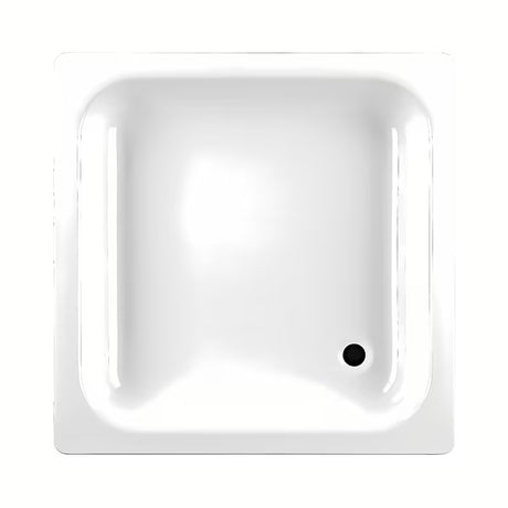 Bílá čtvercová sprchová vanička Jika 90x90 cm ze smaltované oceli s protiskluzovými drážkami.