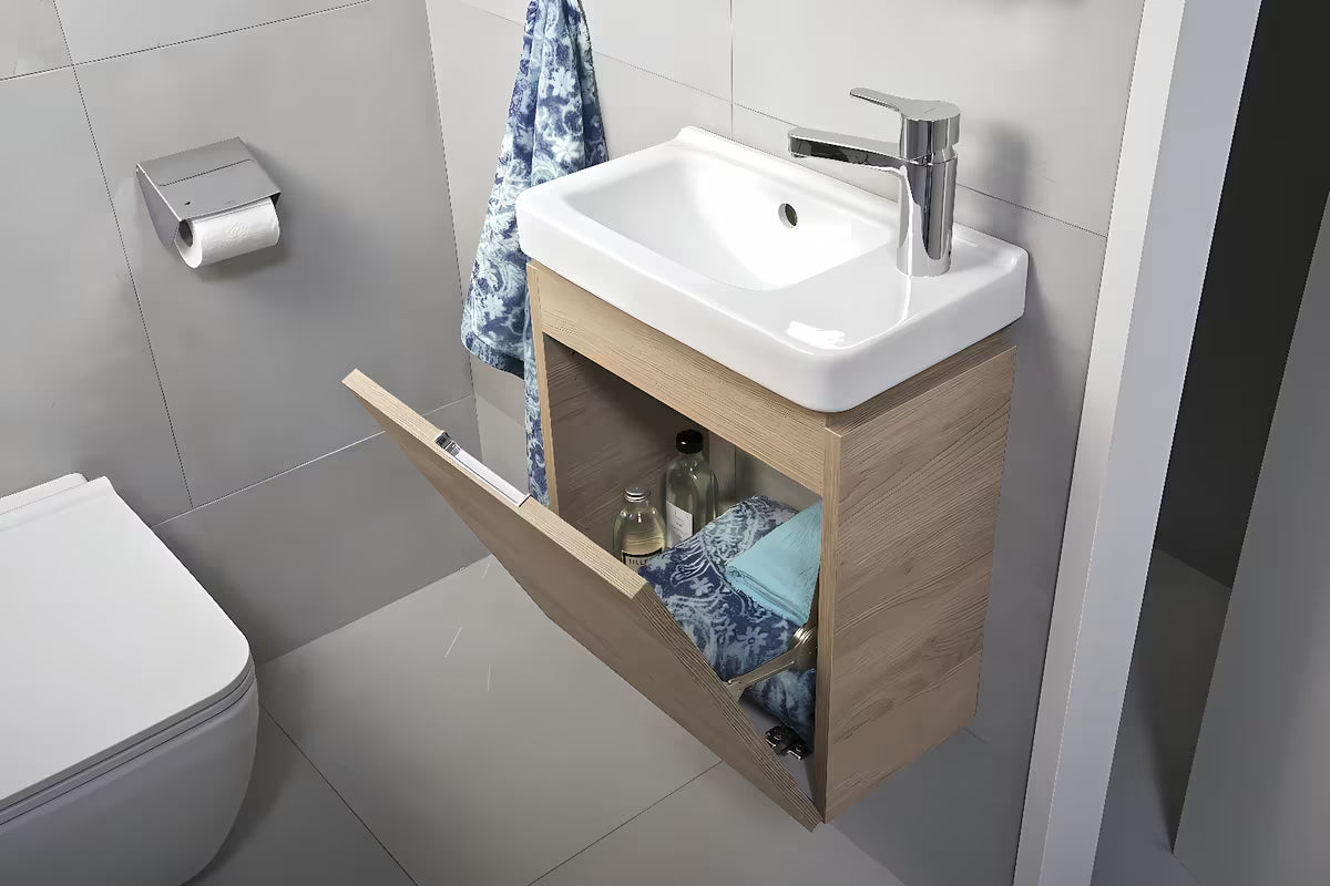 Závěsná skříňka pod umyvadlo Jika Cubito 45x24,1x48 cm v dekoru dub s výklopnými dvířky