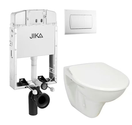 Závěsný WC set Jika S-Line Pro s podomítkovou nádržkou, bílým dvoučinným tlačítkem a sedátkem
