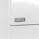 Bílá závěsná koupelnová skříňka Jika Plan s keramickým dvojumyvadlem a zásuvkami s plnovýsuvem.