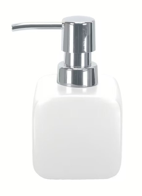 Bílý volně stojící dávkovač tekutého mýdla Kleine Wolke Cubic s jednoduchým elegantním designem.