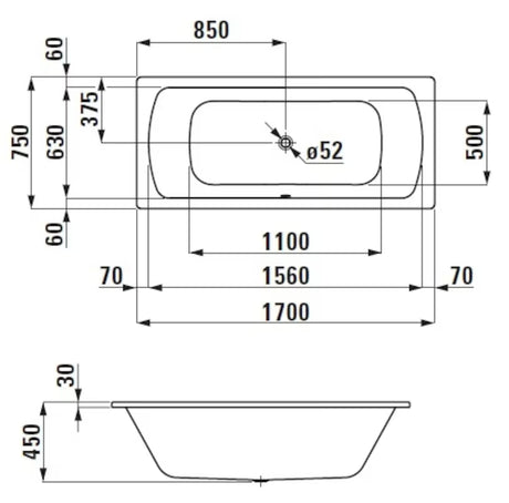 Obdélníková vana Laufen Bolsena 170x75 cm ze smaltované oceli s protihlukovou izolací