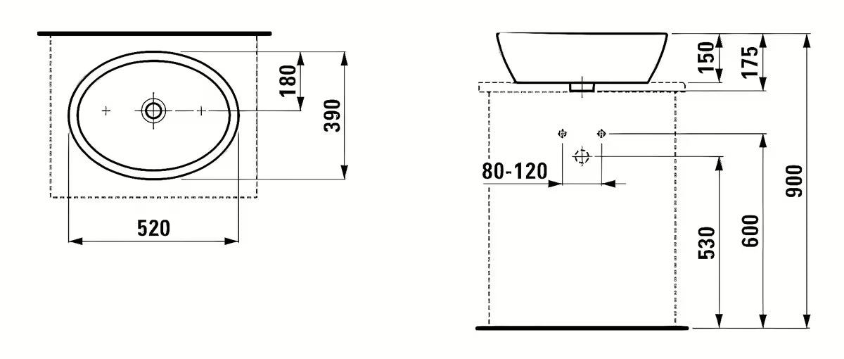 Laufen Pro umyvadlo na desku 52 x 39 cm v bílé keramice bez otvoru pro baterii