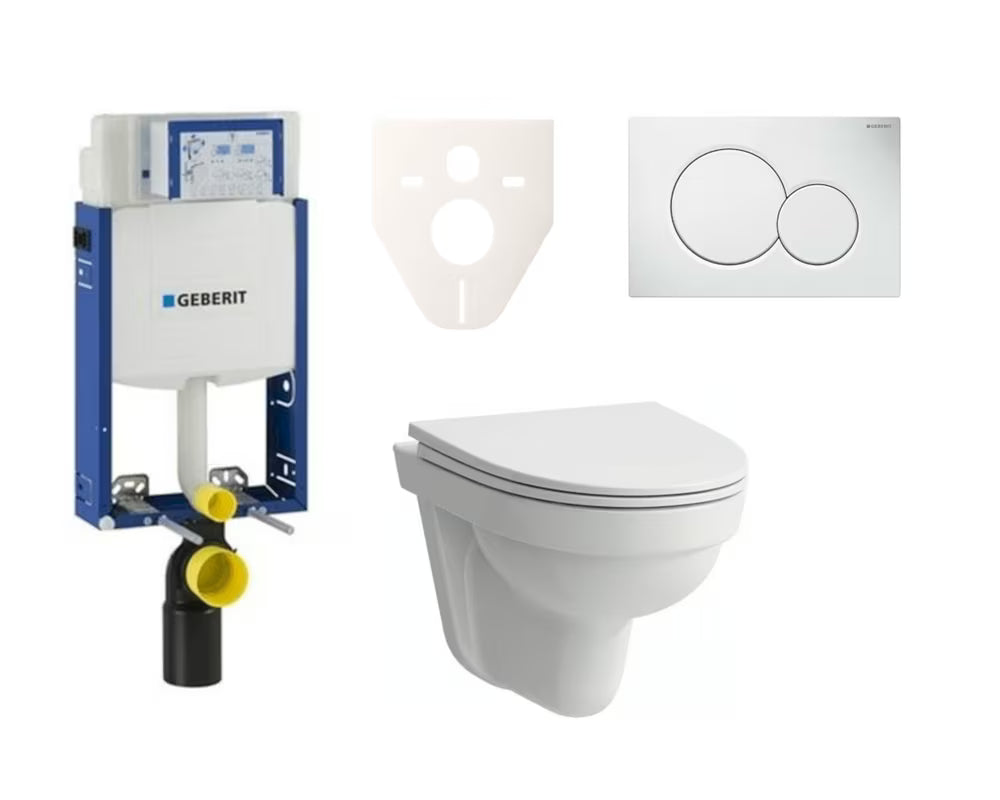 Závěsný WC set Laufen Pro Nordic s podomítkovou nádržkou Geberit Kombifix a bílým ovládacím tlačítkem.