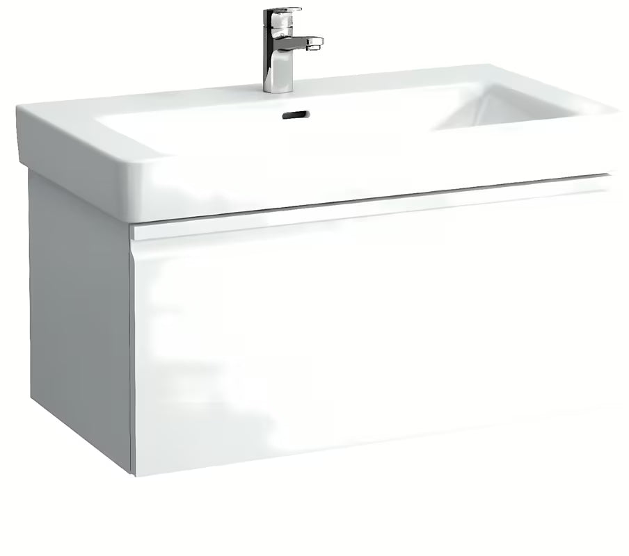 Nábytkové umyvadlo Laufen Pro S 85x46 cm z lesklé bílé keramiky s otvorem pro baterii uprostřed.