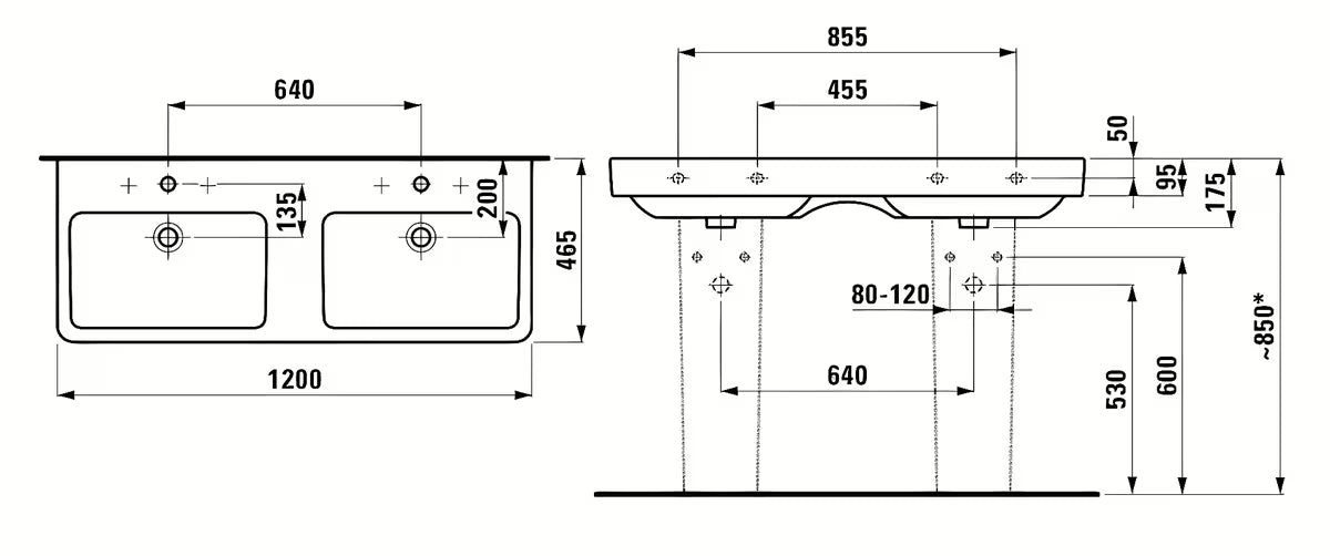 Bílé keramické dvojumyvadlo Laufen Pro S 120 x 46 cm se dvěma otvory pro baterii