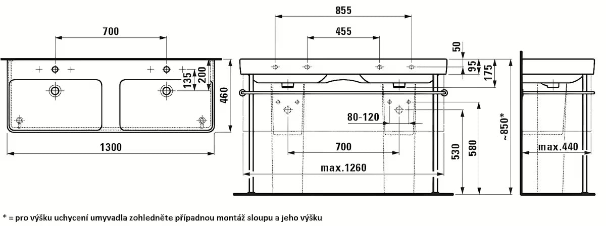 Bílé keramické dvojumyvadlo Laufen Pro S 130x46 cm pro zabudování do koupelnového nábytku