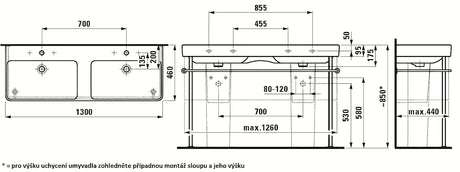 Bílé keramické dvojumyvadlo Laufen Pro S 130x46 cm pro zabudování do koupelnového nábytku