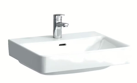 Bílé závěsné keramické umyvadlo Laufen Pro S 55x46,5 cm s otvorem pro baterii uprostřed a přepadem.