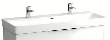 Bílé závěsné dvojité umyvadlo Laufen Pro S 120x46 cm ze sanitární keramiky se dvěma otvory pro baterii.
