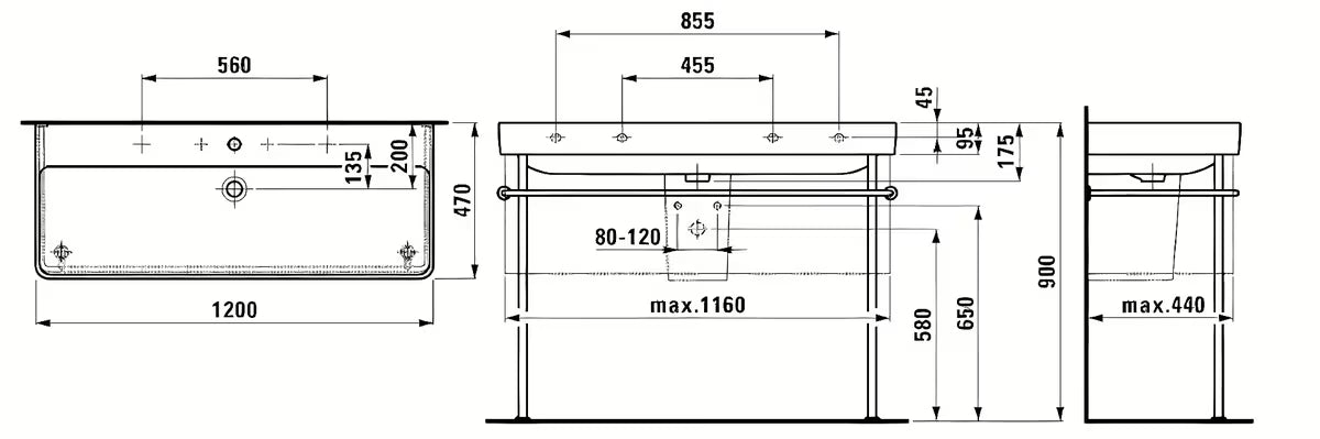 Bílé závěsné dvojité umyvadlo Laufen Pro S 120x46 cm ze sanitární keramiky se dvěma otvory pro baterii.
