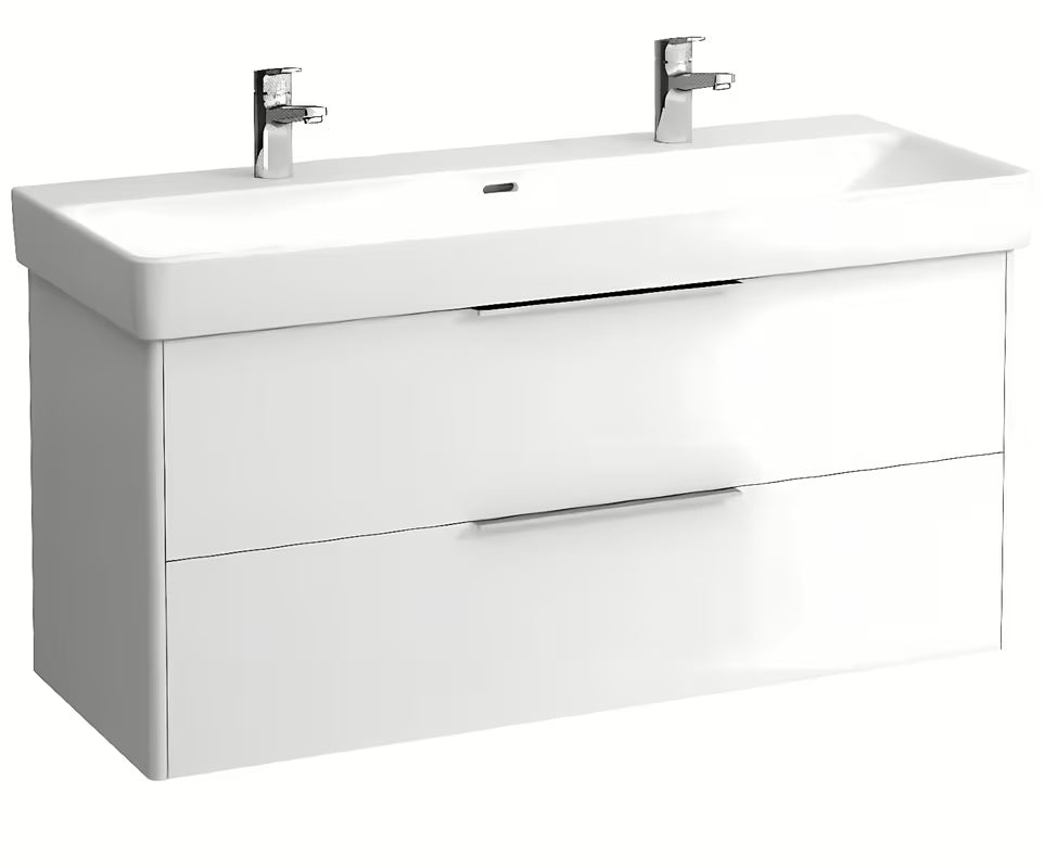 Bílé závěsné dvojité umyvadlo Laufen Pro S 120x46 cm ze sanitární keramiky se dvěma otvory pro baterii.
