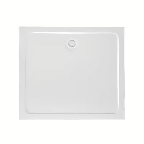 Bílý designový sifon k sprchové vaničce s krytkou, který nevyčnívá nad povrch vaničky.