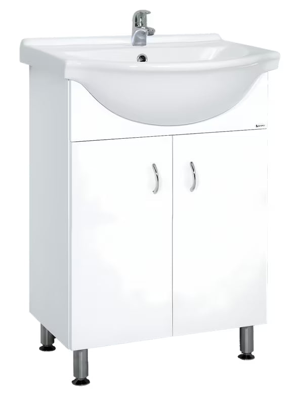 Bílá koupelnová skříňka Multi Pro s keramickým umyvadlem o šířce 55 cm a nerezovými nožičkami.