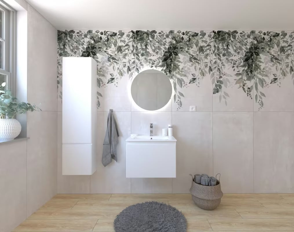 Závěsná koupelnová sestava Naturel Ancona v bílém dekoru s keramickým umyvadlem a LED zrcadlem