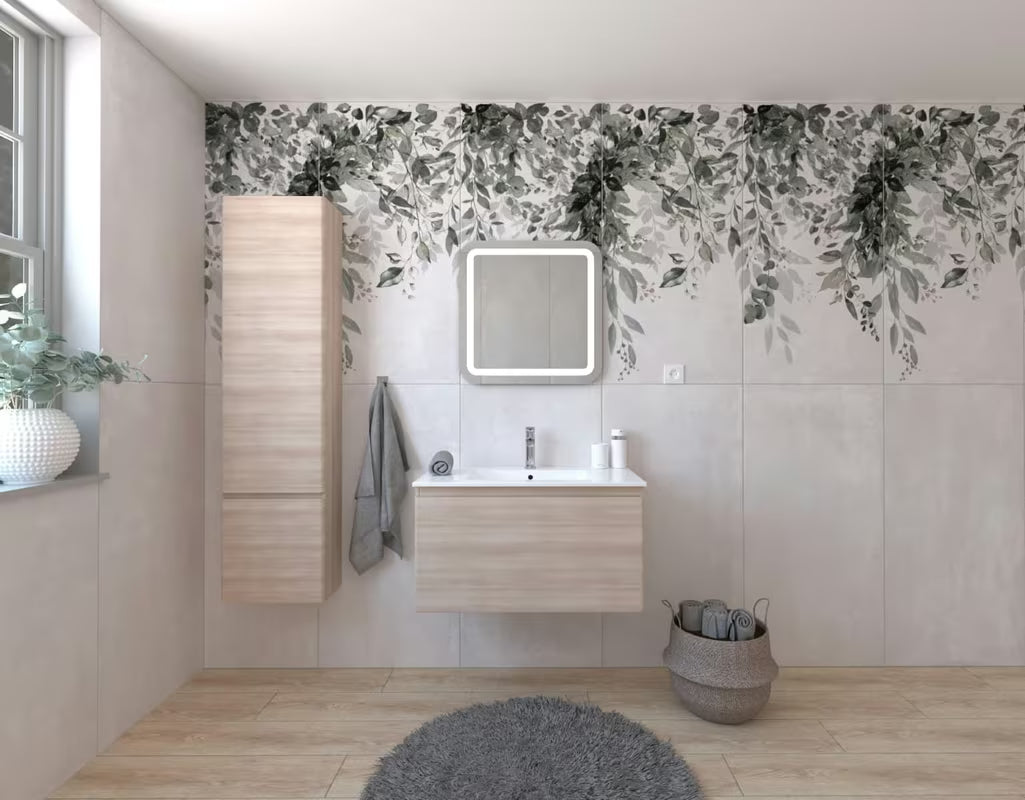 Koupelnová sestava Naturel Ancona v dekoru akácie s keramickým umyvadlem, skříňkami, baterií a LED zrcadlem.