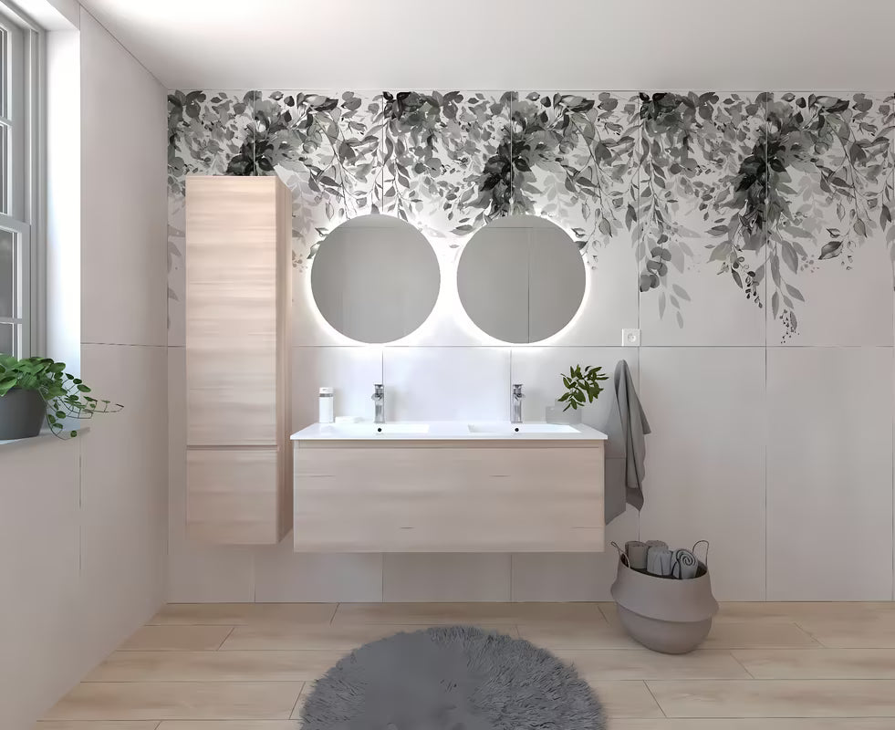 Koupelnová sestava Naturel Ancona v dekoru akácie s dvojumyvadlem, skříňkami a LED zrcadly