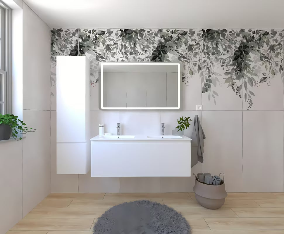 Závěsná koupelnová sestava Naturel Ancona v bílém dekoru s dvojumyvadlem a LED zrcadlem