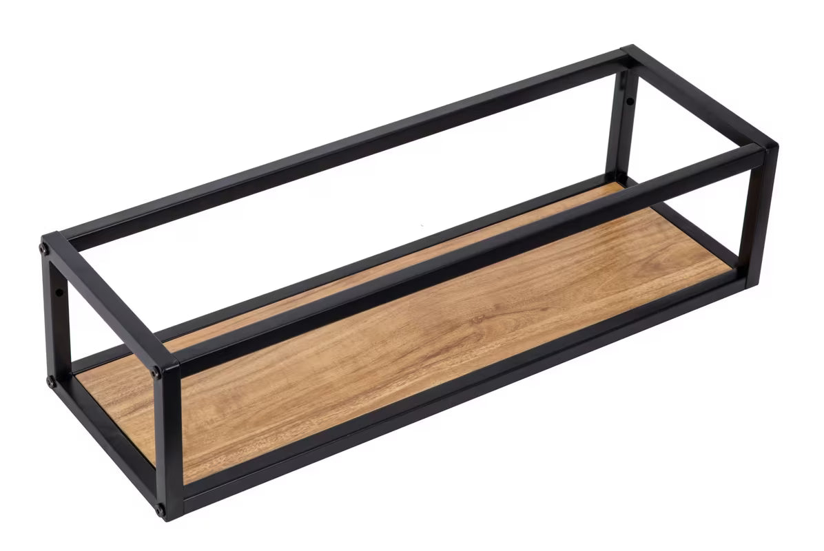 Pakabinama lentynos Naturel Blackframe klevo dekoro, su juodu metaliniu rėmu ir blizgiu paviršiumi