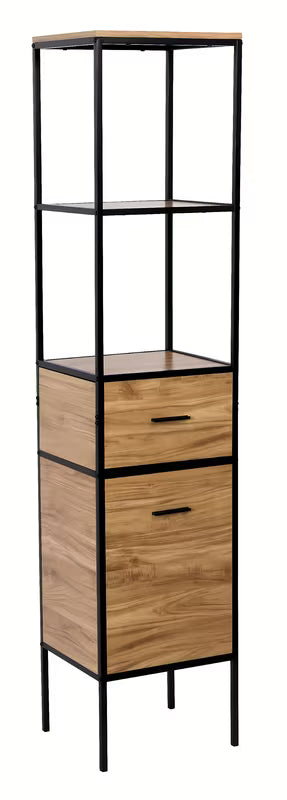 Stojící regál Naturel Blackframe s černým kovovým rámem a MDF deskou v dekoru javoru.