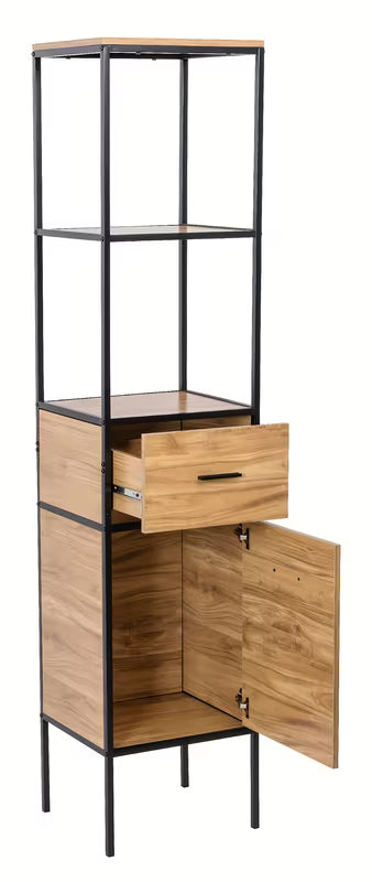Stojící regál Naturel Blackframe s černým kovovým rámem a MDF deskou v dekoru javoru.