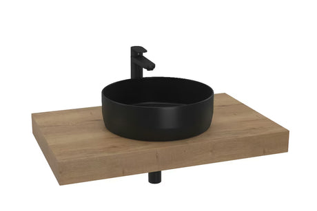 Koupelnová sestava Naturel Dolce 80x50 cm v dekoru dub halifax s umyvadlem na desku a černými matnými doplňky.