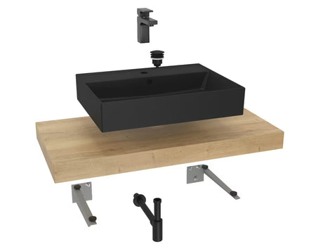 Koupelnová sestava Naturel Dolce 100x50 cm v dekoru dub halifax s černým matným umyvadlem a baterií.