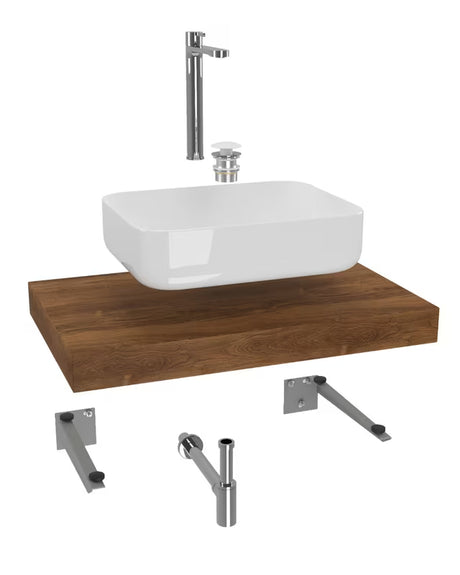 Koupelnová sestava Naturel Dolce 80x50 cm v dekoru dub charleston s umyvadlem na desku a vysokou baterií.