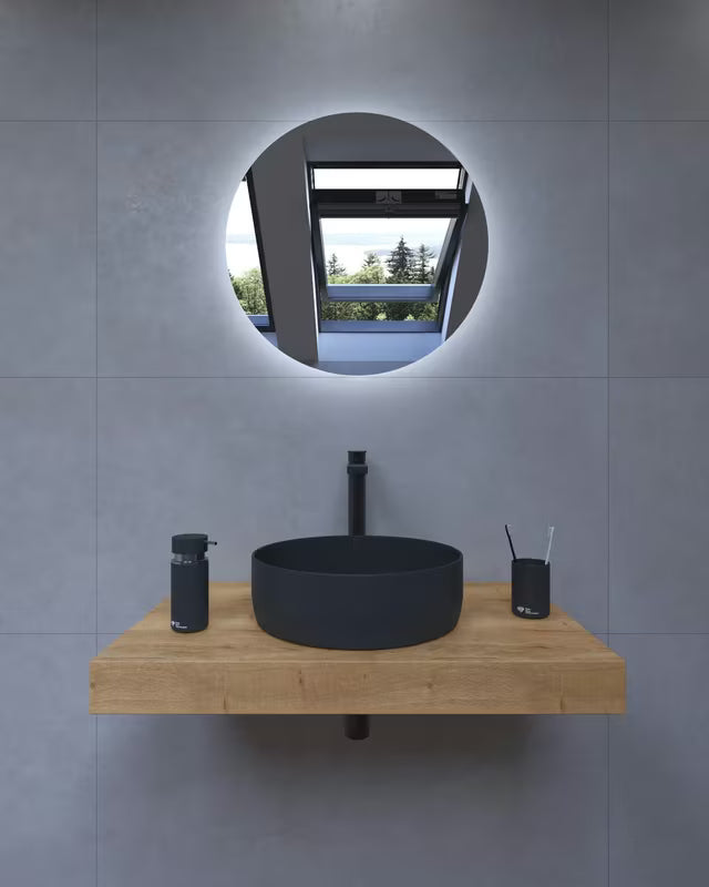 Koupelnová sestava Naturel Dolce 80x50 cm v dekoru dub halifax s umyvadlem na desku a černými matnými doplňky