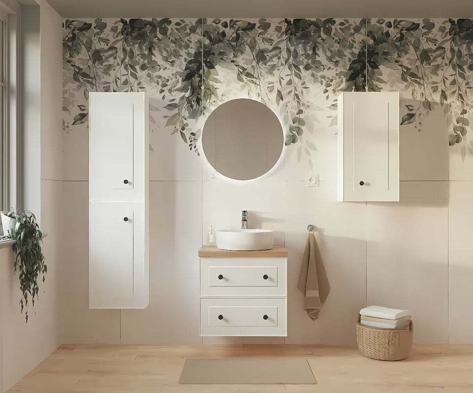 Bílá závěsná skříňka pod umyvadlo Naturel Forli s deskou v dekoru dub Halifax