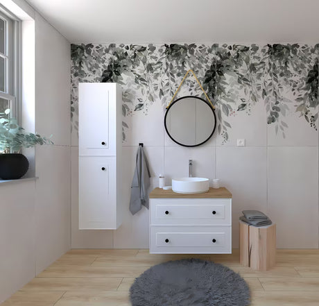 Bílá koupelnová sestava Naturel Forli se skříňkami, umyvadlem na desku, zrcadlem a vysokou baterií