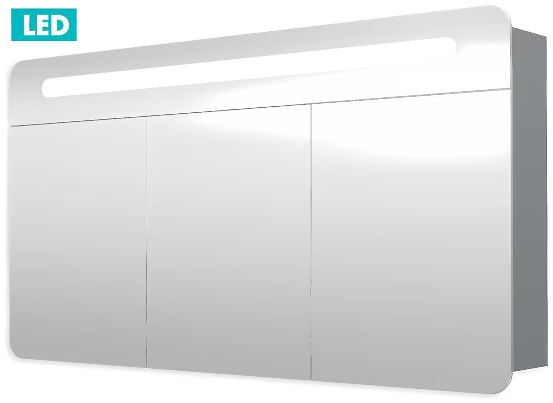 Zrcadlová skříňka Naturel 120x65 cm v šedostříbrné barvě s LED osvětlením a třemi zrcadlovými dvířky.