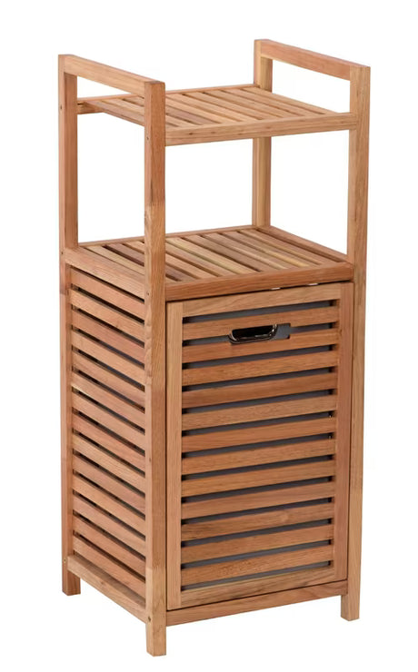 Stojící koš na prádlo Naturel Home v dekoru ořech s matným povrchem a vyjímatelnou šedou textilní vložkou.