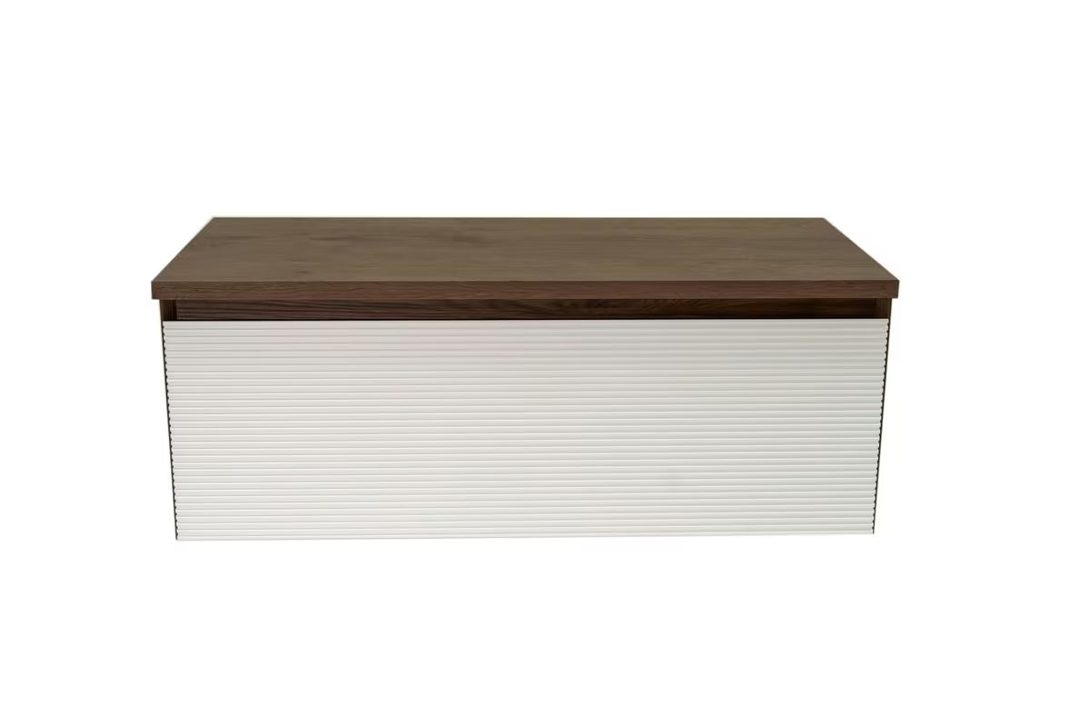 Závěsná koupelnová skříňka Naturel Monza v dekoru ořech s bílým žebrováním a krycí deskou