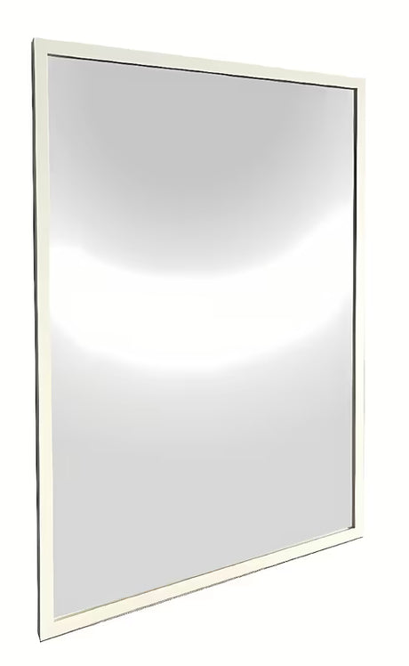 Koupelnové zrcadlo s bílým hliníkovým rámem, vhodné pro svislé i vodorovné zavěšení, 60 x 80 cm.